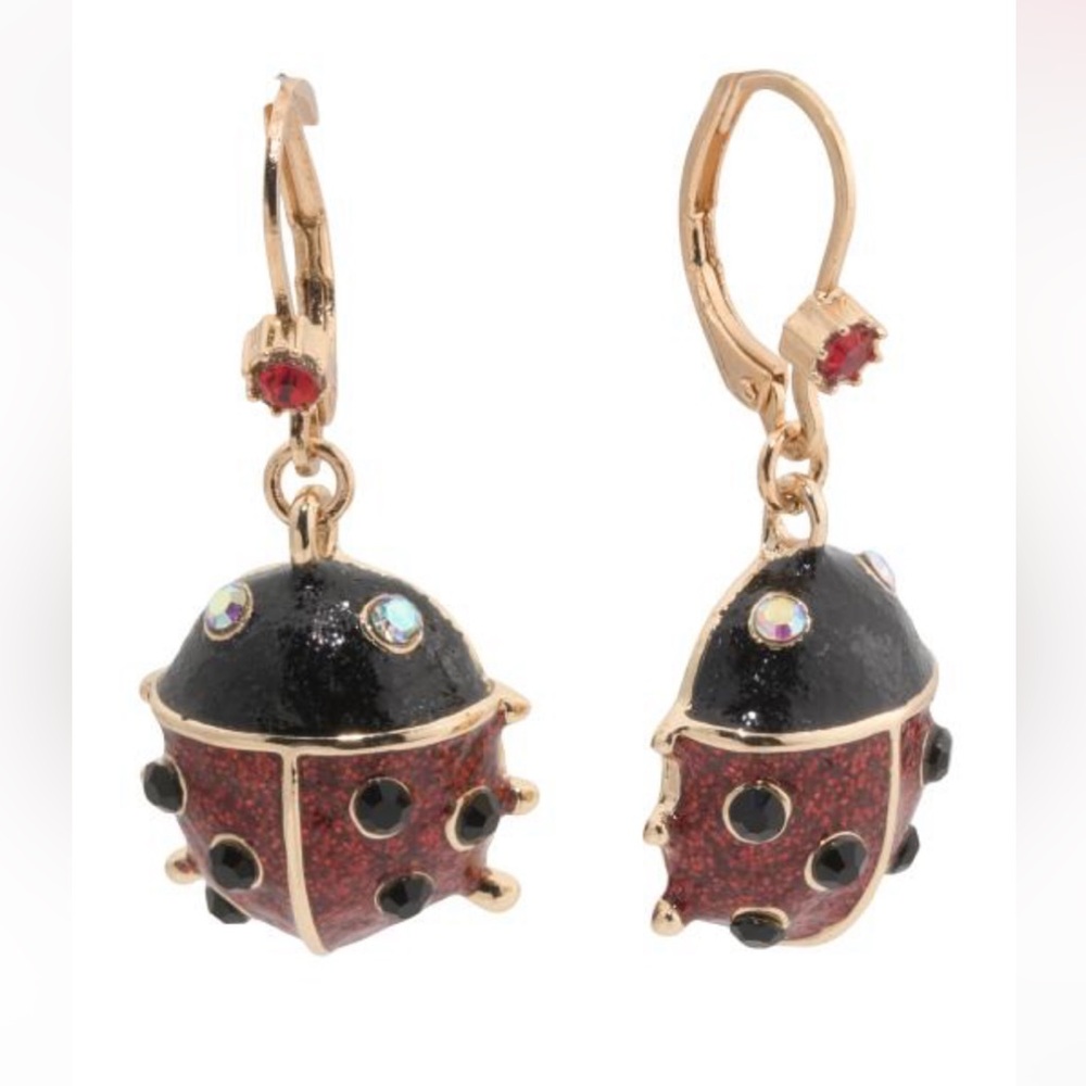 BETSEY JOHNSON Spring Summer Enamel & Crystal Ladybug Dangle Earrings NEW NWT